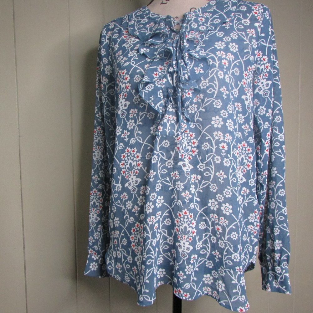 Ann Taylor Loft Sheer Blouse XS Ruffle Floral Blue Red White Long Sleeve